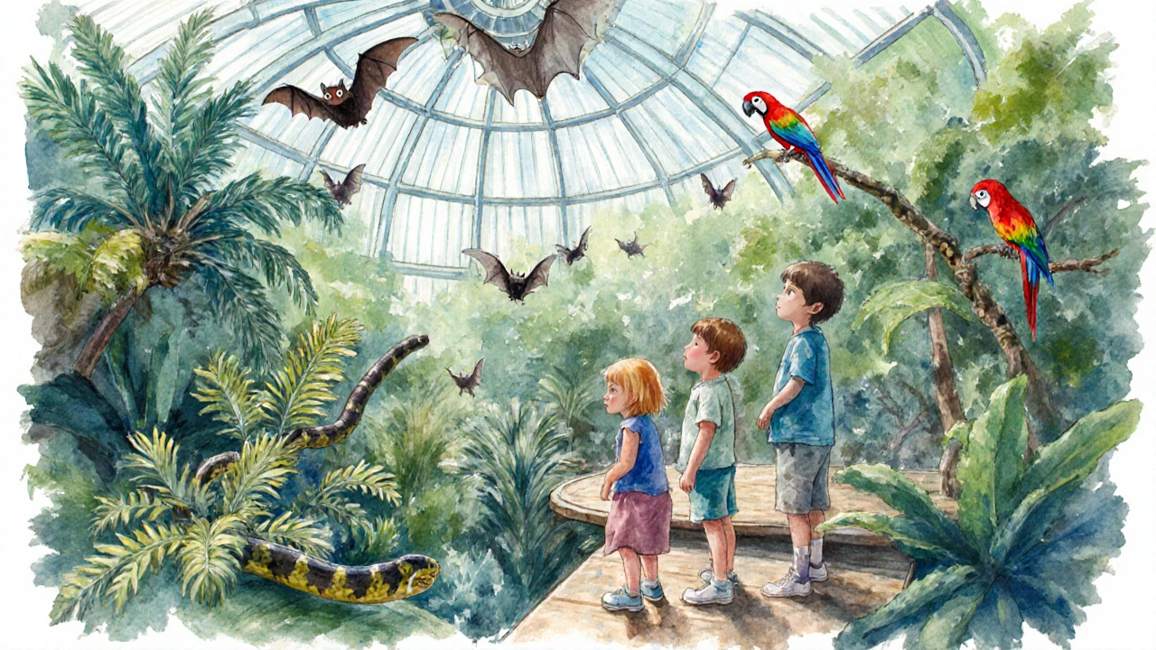 Děti v tropické vnitřní hale zoologické zahrady Jihlava pozorují zvířata.