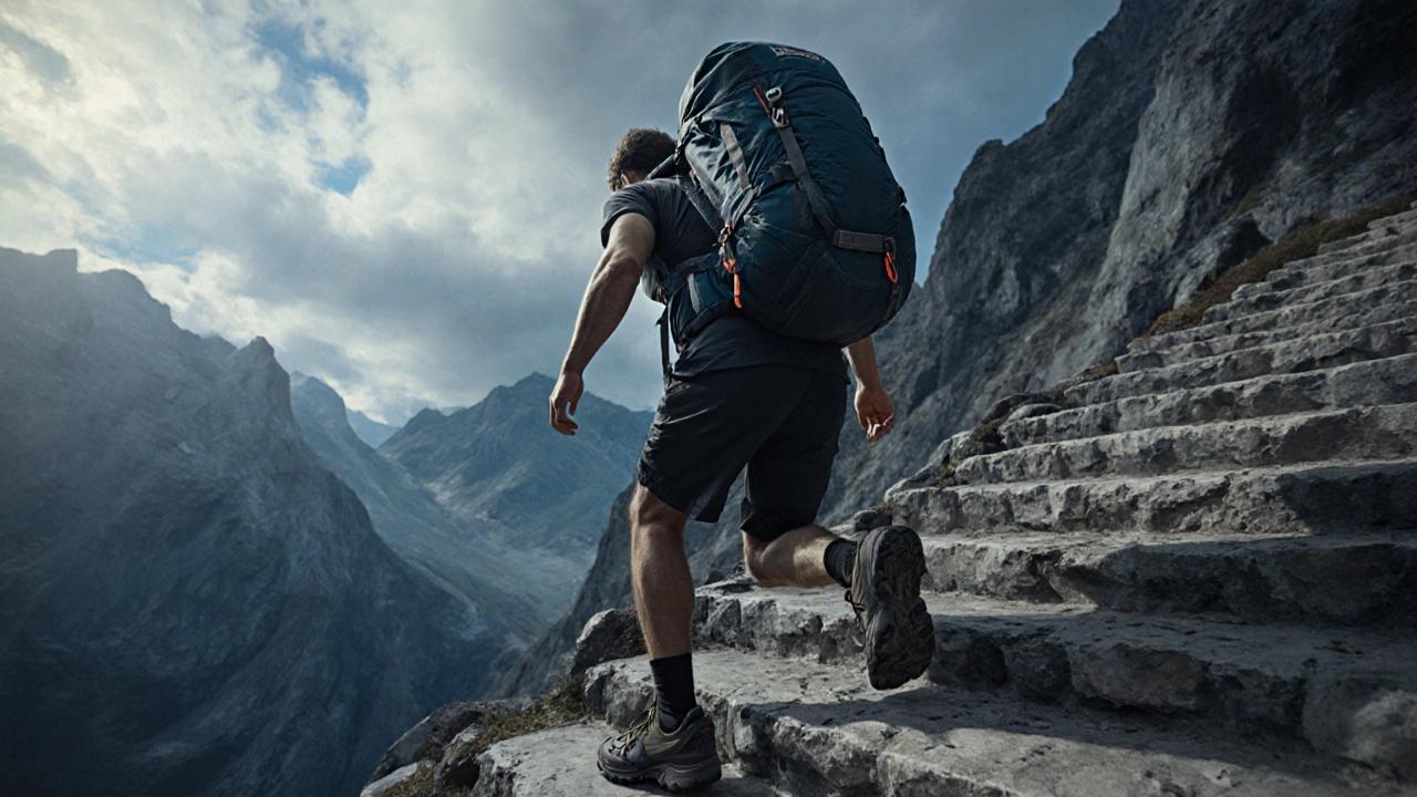 Hiker na kamenných schodech testuje fit batohu, váha je rovnoměrně rozložena na boky.