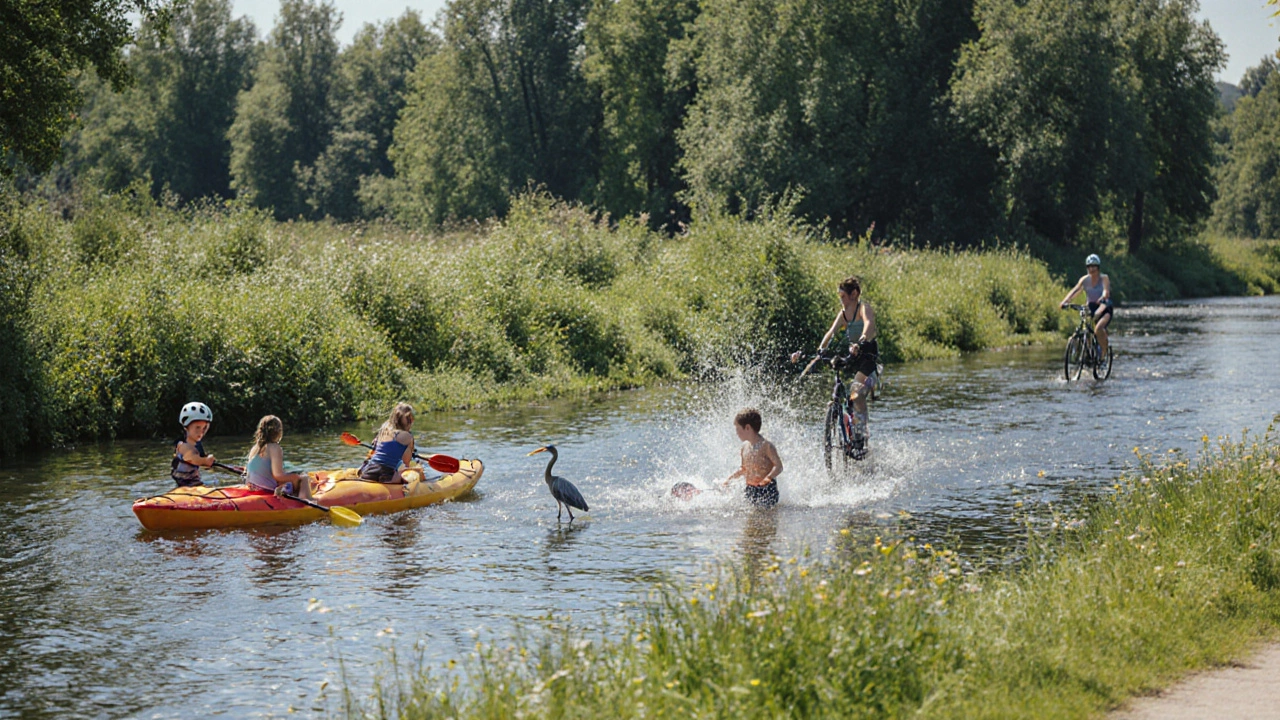 Families kayaking and cycling along Labe River near Hradec Králové.