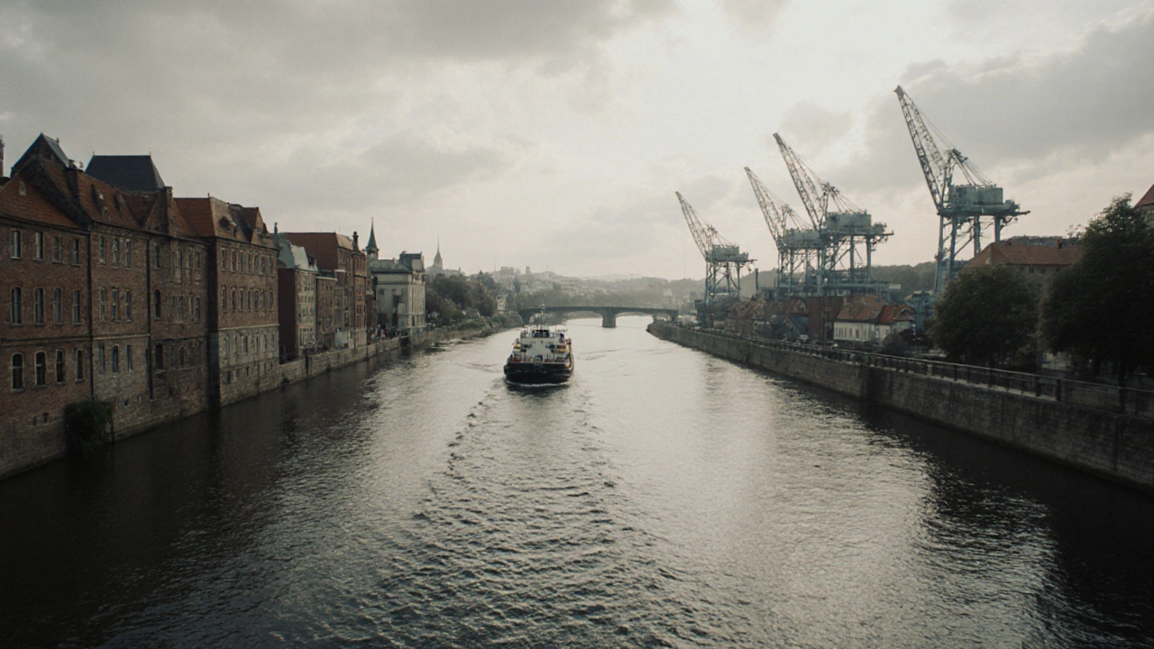 Labe River in Ústí nad Labem with Ohře confluence and industrial port.