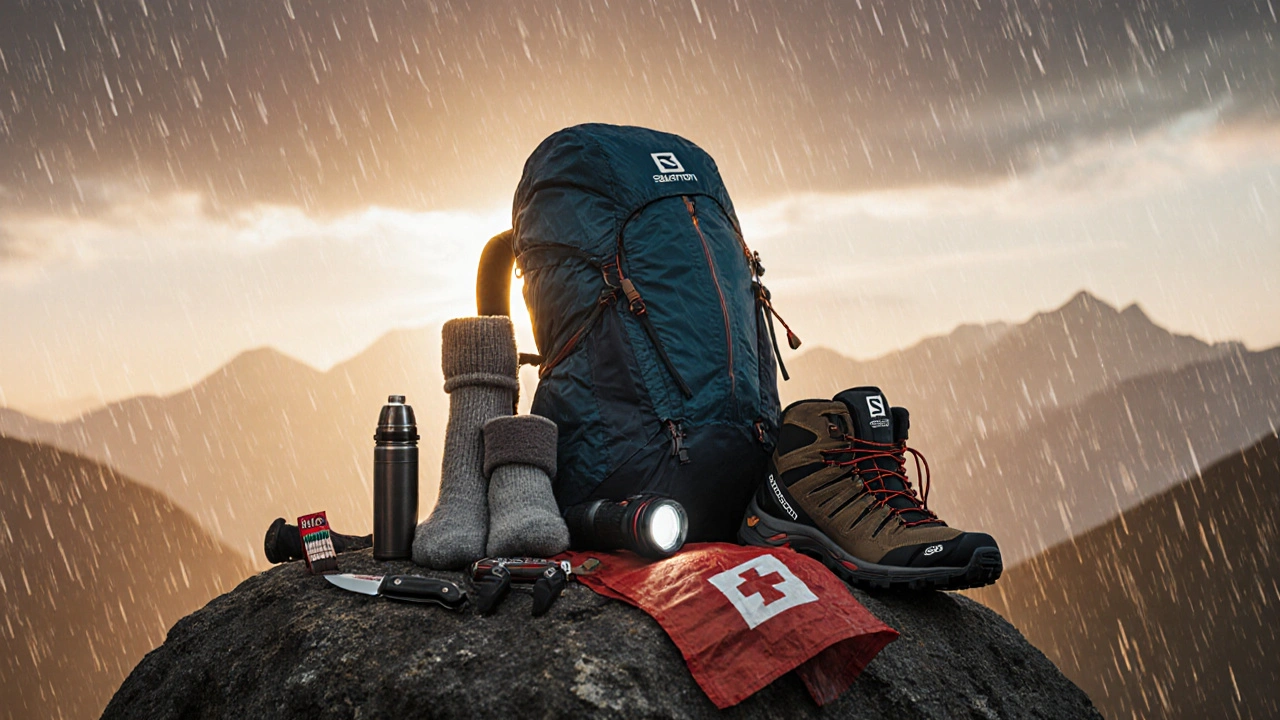 Obsah batohu na podzimní výlet: ponožky, klobouk, bunda, boty, termoska a bezpečnostní vybavení uspořádané na skalním výběžku.