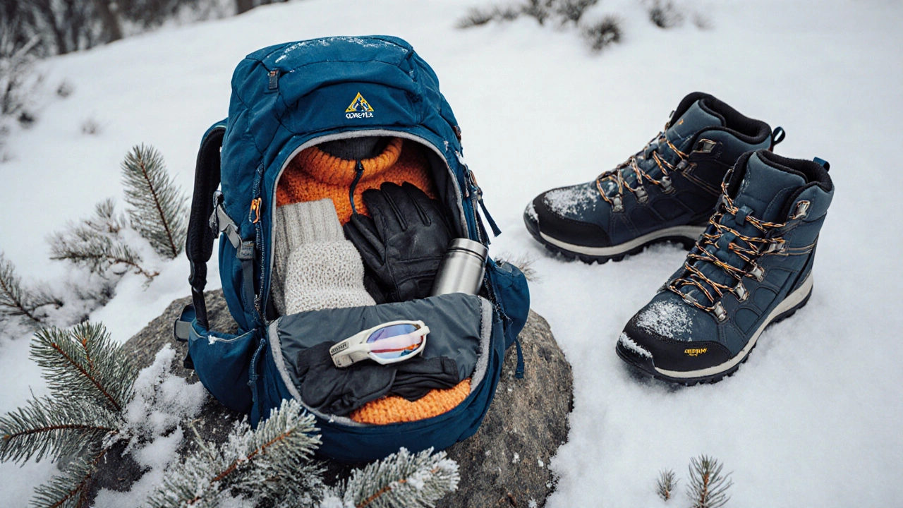 Otevřený batoh na sněhu s ponožkami, rukavicemi, brýlemi a termoskou pro zimní turistiku.