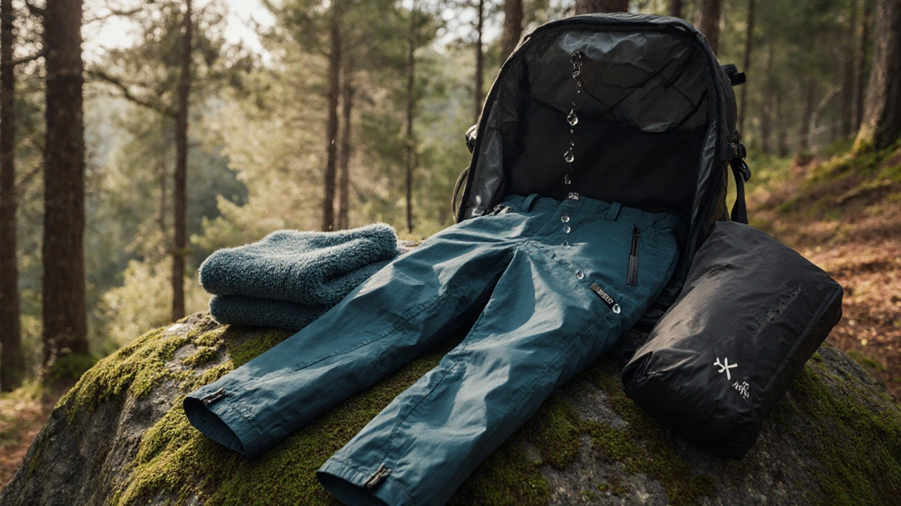 Otevřený batoh s horskými kalhotami, dešťovkou a ručníkem na kamenité ploše.