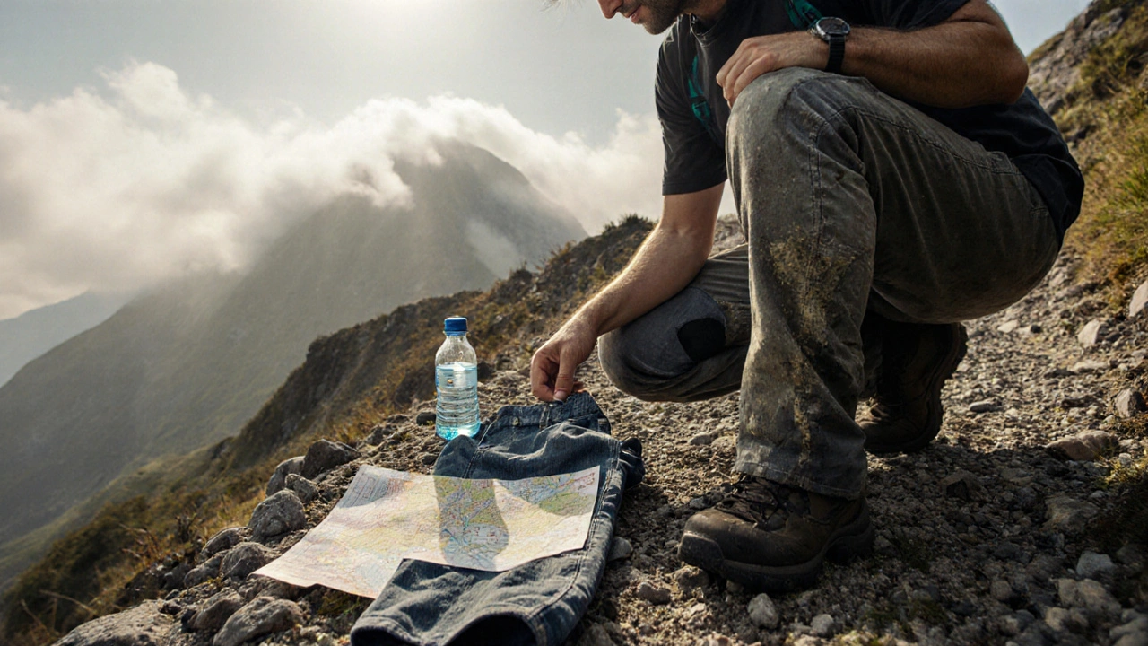 Porovnání bavlněných džín a technických horských kalhot na kamenité cestě.