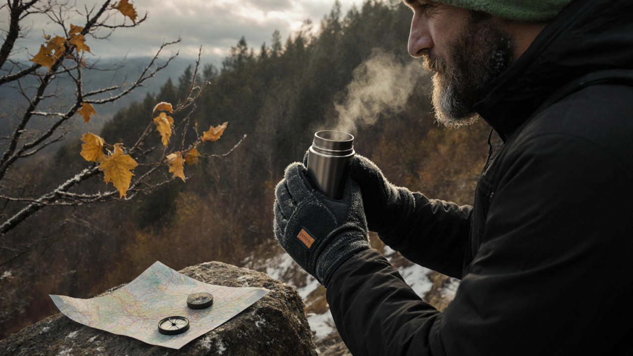 Ruce v elektrických rukavicích drží termosku s horkým nápojem, na obličeji je mráz, okolo mokré listí a sníh.