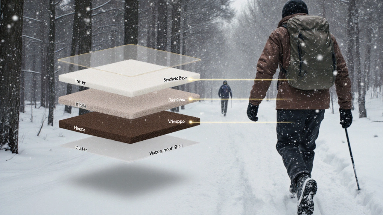 Tři průhledné vrstvy oblečení ve sněžné krajině, symbolizující princip vrstvení pro zimu.