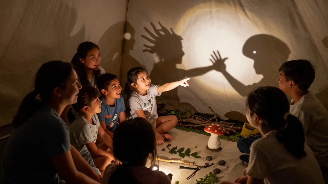 Děti a dospělí vytvářejí stínové postavy na plátně stanu pomocí baterky.