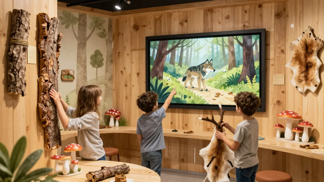 Děti se dotýkají kůže zvěře a sledují interaktivní příběh vlka v lesním muzeu.