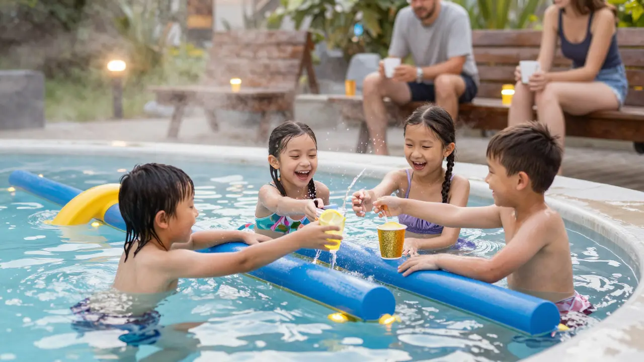 Děti se koupou v teplé bazénu s vodními kanálky a hledají poklad v podobě limonády.