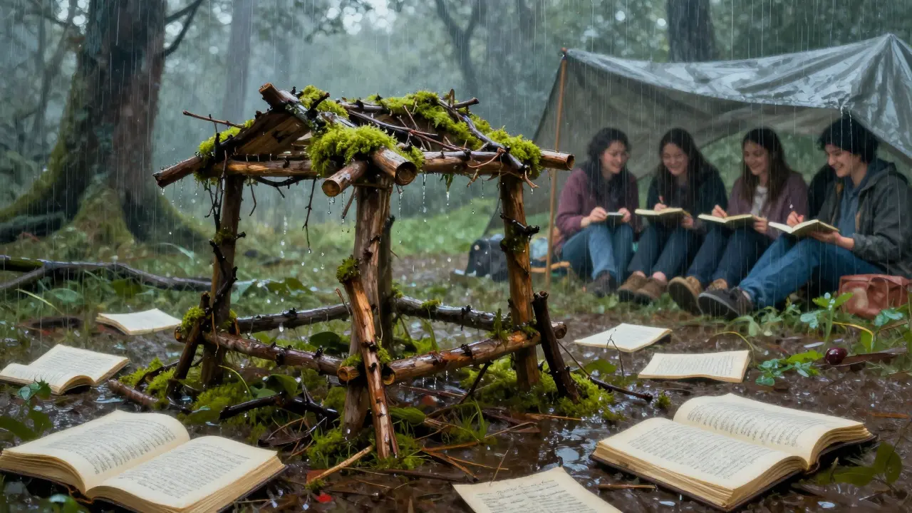 Dřevěná stavba z větví se rozpadá pod deštěm, kolem ní leží ručně psané knížky.
