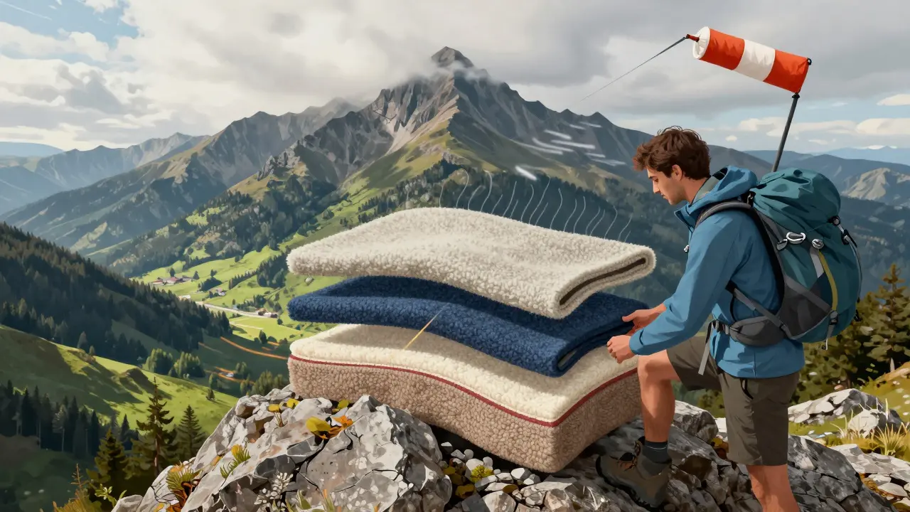 Ilustrace třívrstvého oblečení pro horský výlet s kontrastem teplot.