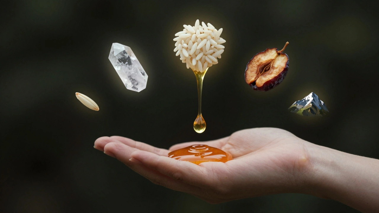 Kapka medu ve vzduchu s symbolem soli, rýže a sušeného ovoce, symbolizující nekonečnou trvanlivost.