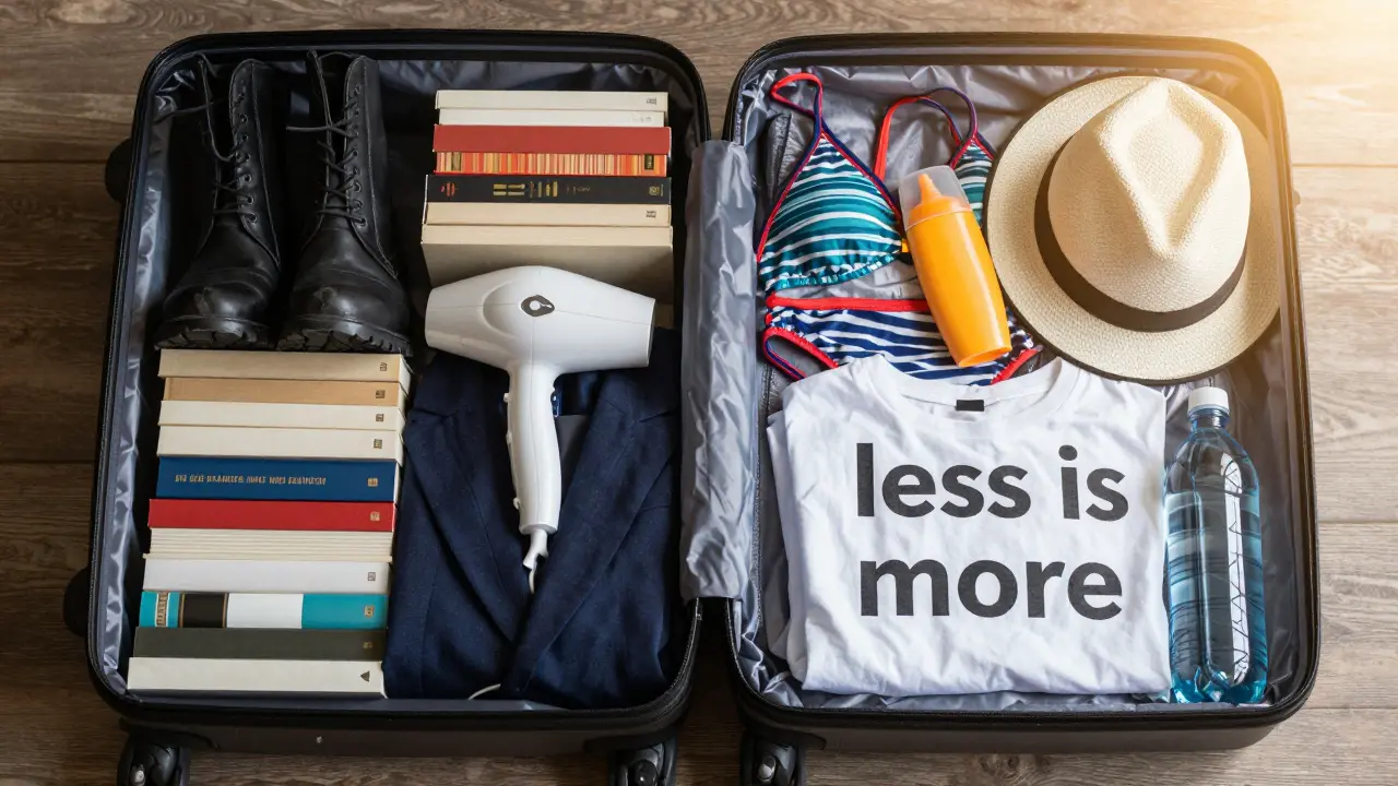 Otevřený kufřík: levá strana přebytečných věcí, pravá strana jen nezbytností – symbolizuje jednoduchost dovolené.