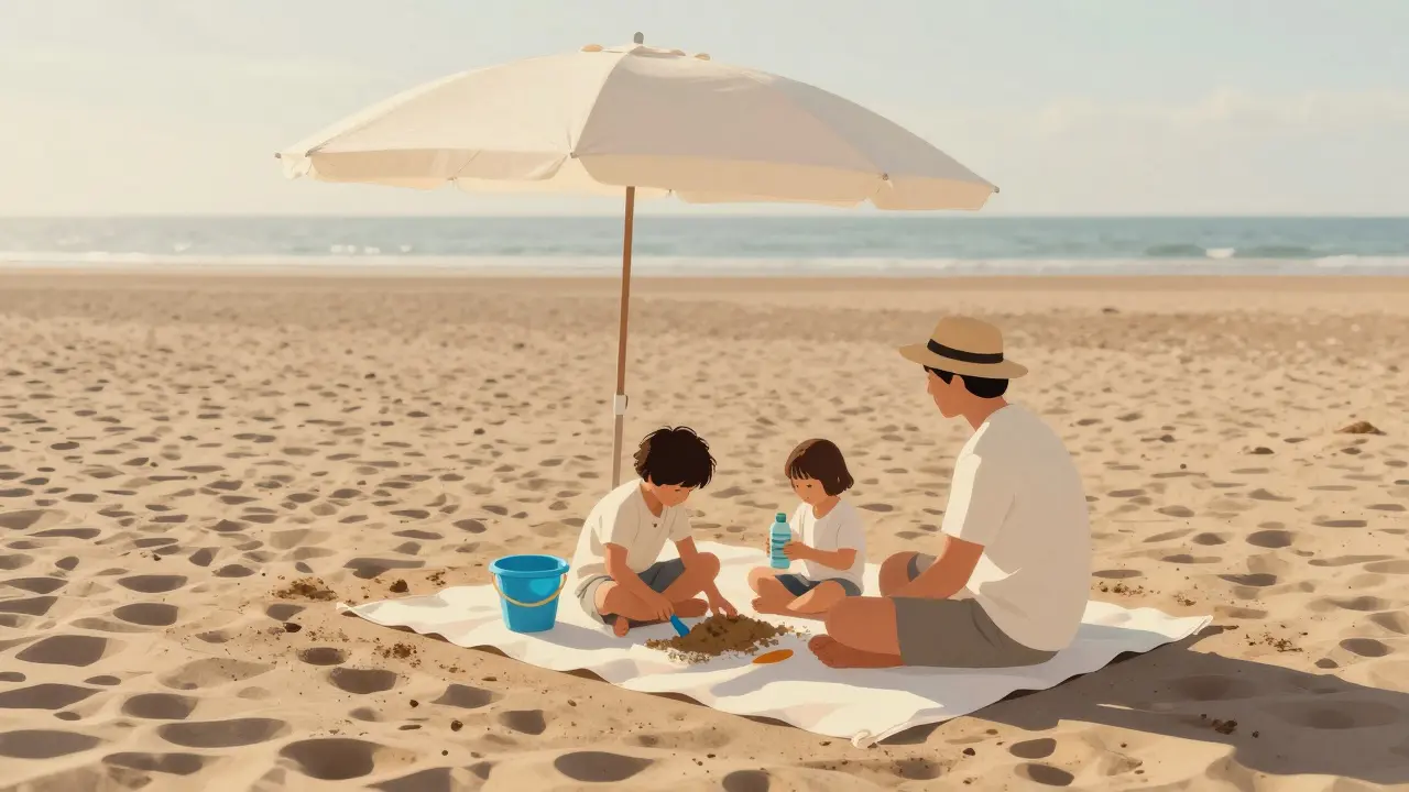 Rodina na pláži pod stínem, děti hrají s pískem, rodiče v lehkém oblečení, klidný večerní světlo.