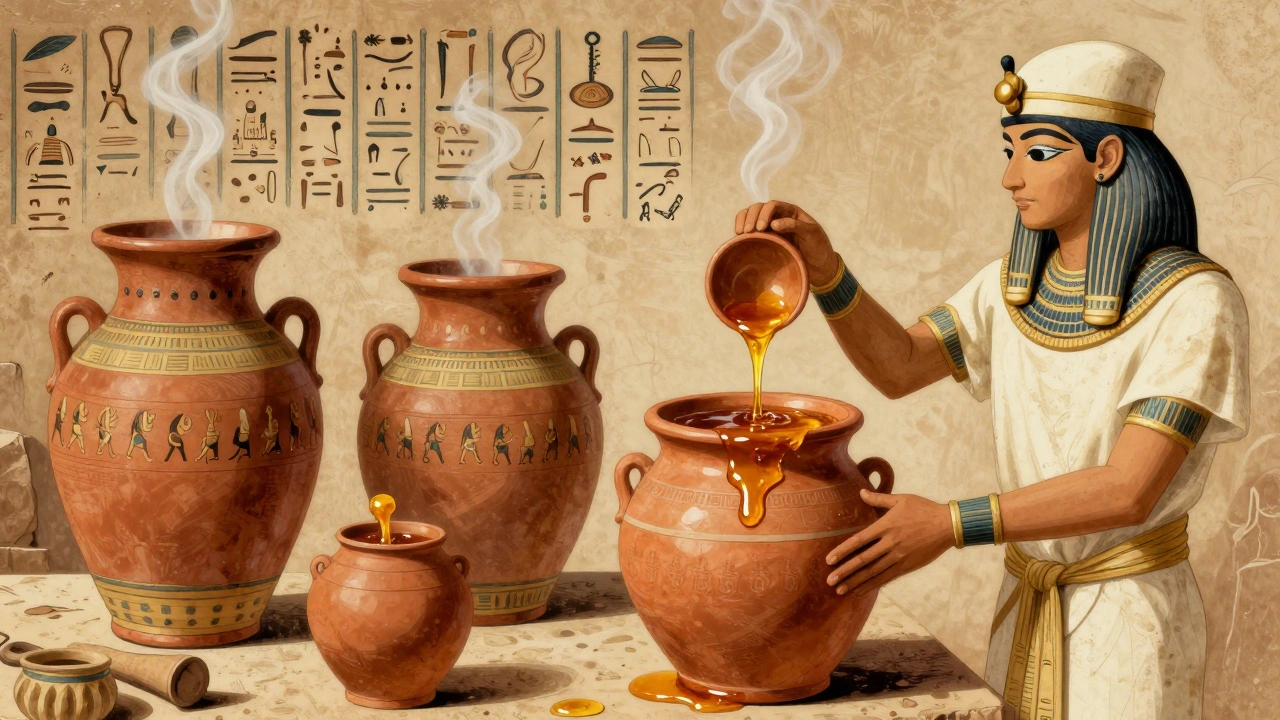 Staroegyptské nádoby s medem v hrobce, vědec je opatrně otevírá.