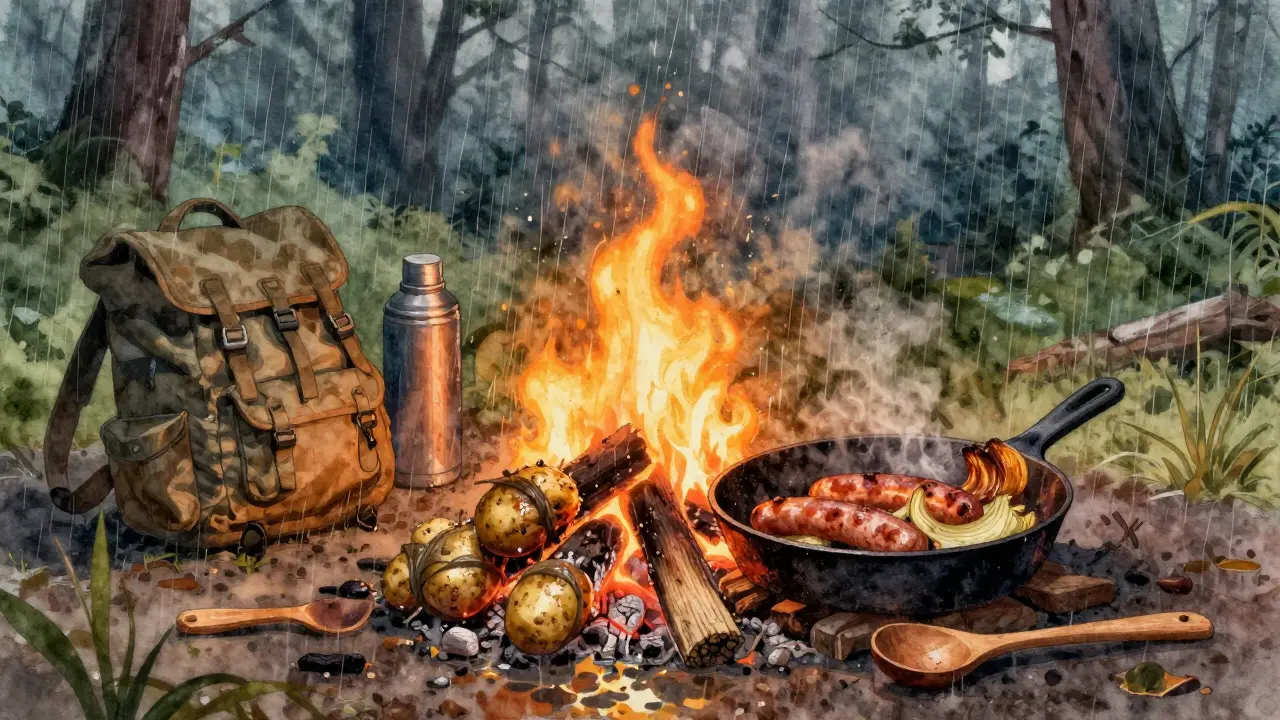 Brambory v hlíně na ohništi pod deštěm, s klobásou na pánvi.