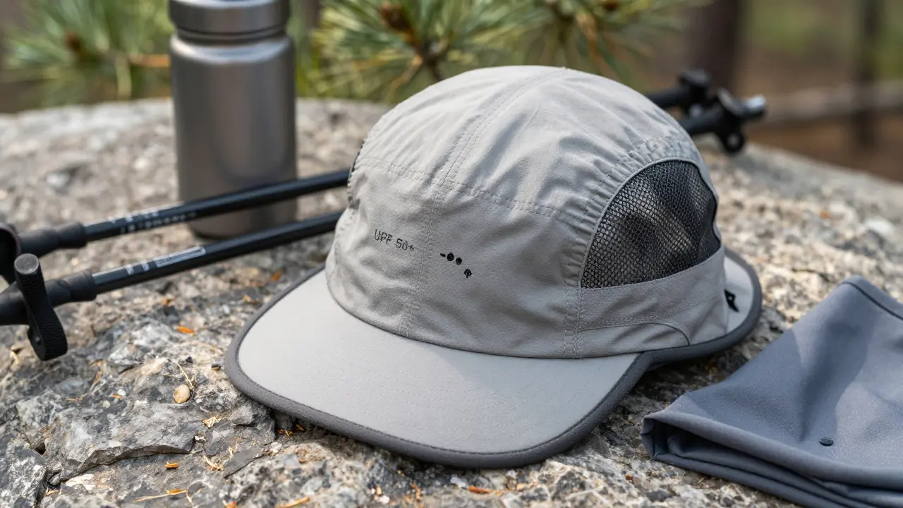 Detail kvalitní čepice pro hory s větracími panely a odklápětelným krkem na kameni.