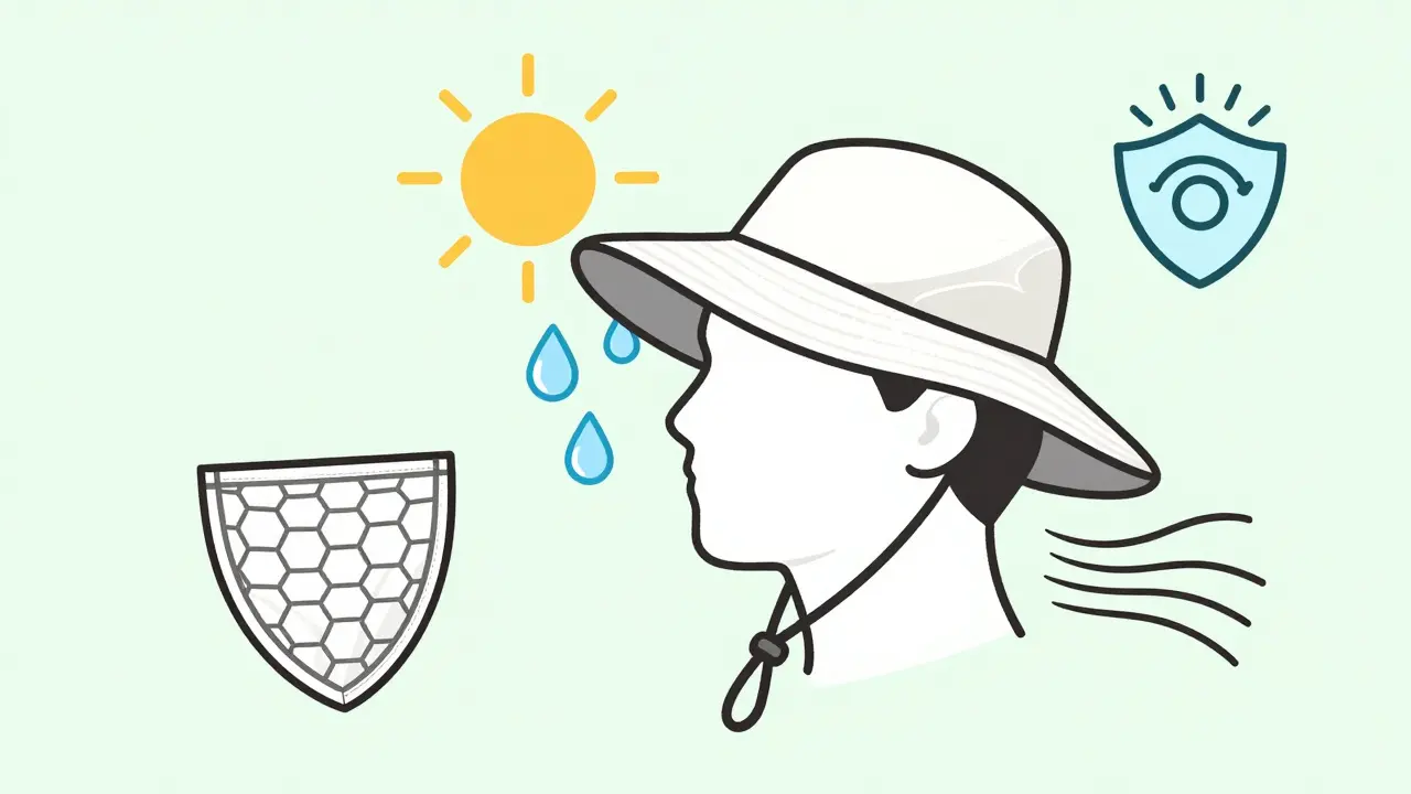 Koncepční obrázek ochrany hlavy při turistice: slunce, pot, větrání a UV ochrana.