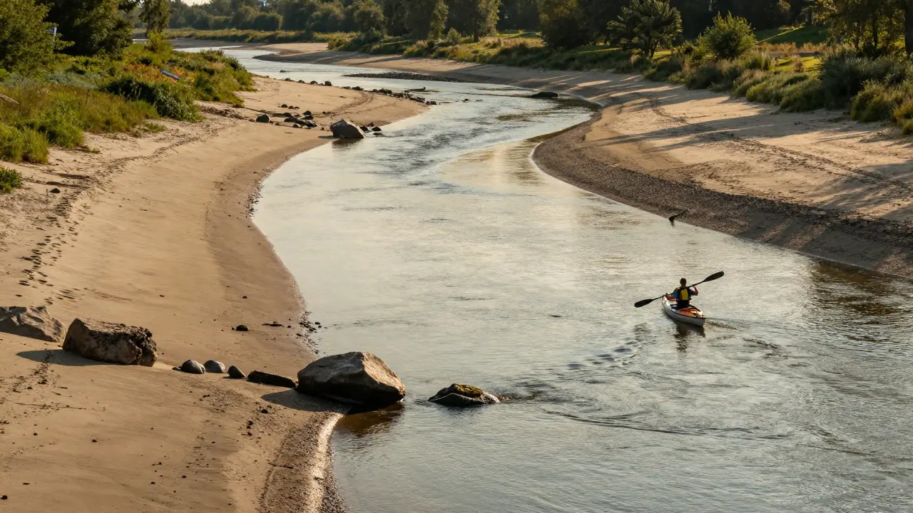Labe v létě s nízkou hladinou, písečnými plochami a kajakářem na vodě.
