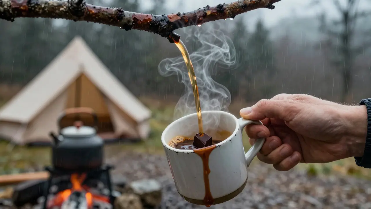 Ruka nalévá kávu s čokoládou, dešť kape z větve nad tábořem.