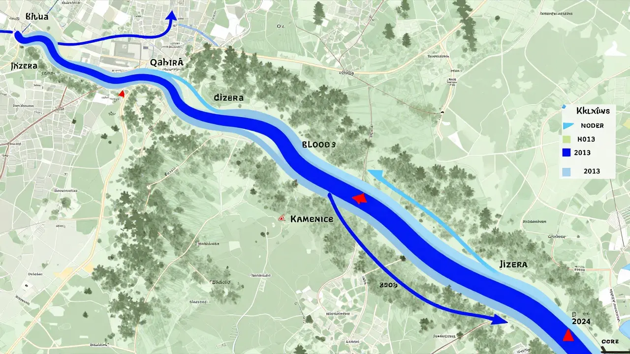 Systém přítoků Labe s barevnými proudy vody ukazujícími sezónní výkyvy průtoku.