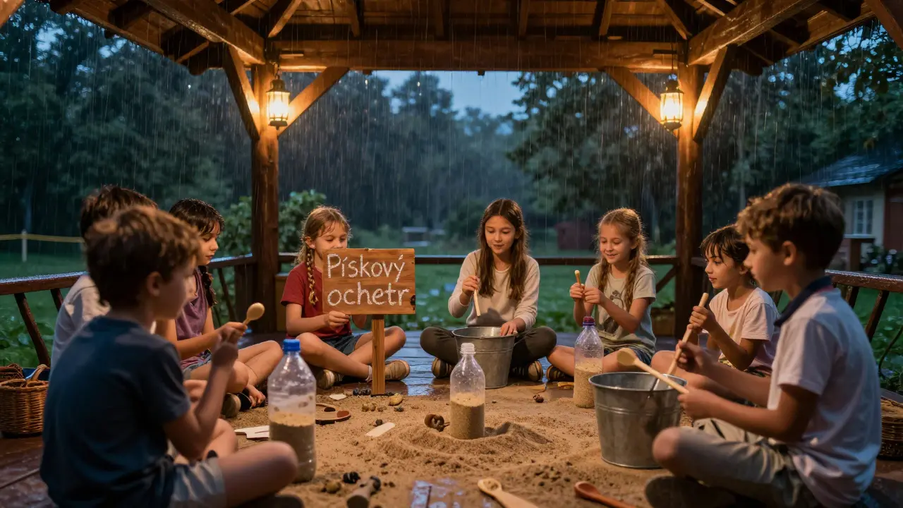 Děti hrají hudební nástroje z písku a kovových předmětů při dešťovém rytmu.