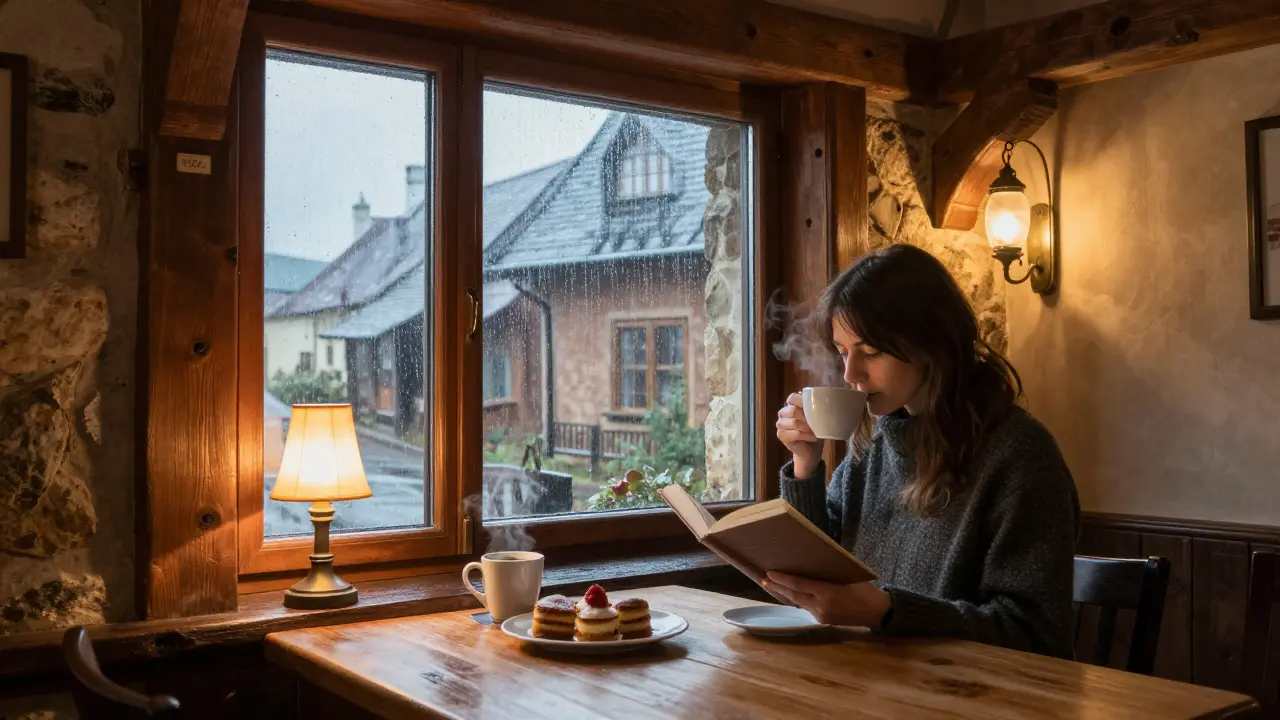 Kavárna U Kamení v Táboře s okny, kde padá déšť, a návštěvníkem čítajícím knihu.