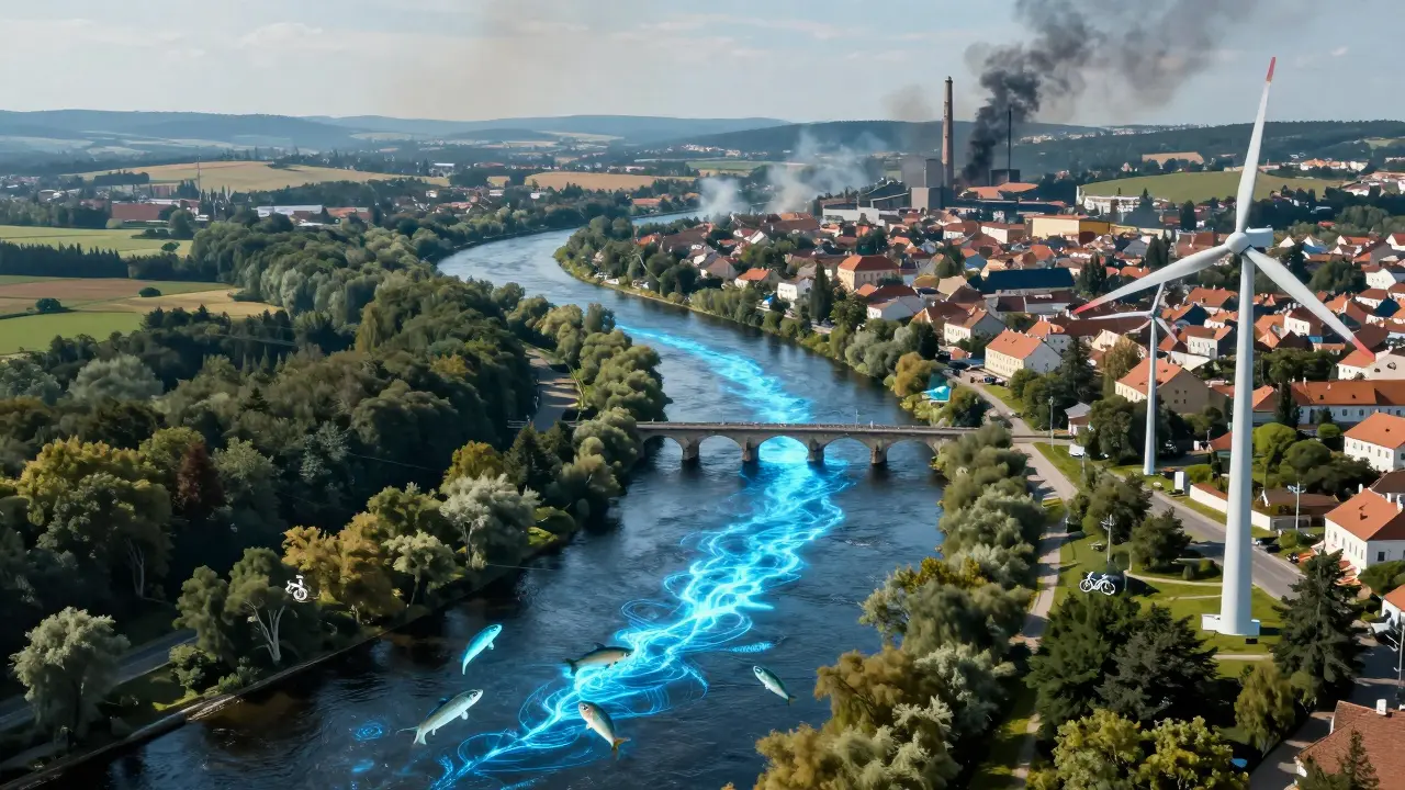 Labe jako životní tepna Česka s rybami, cyklisty a čistou vodou podél břehů.