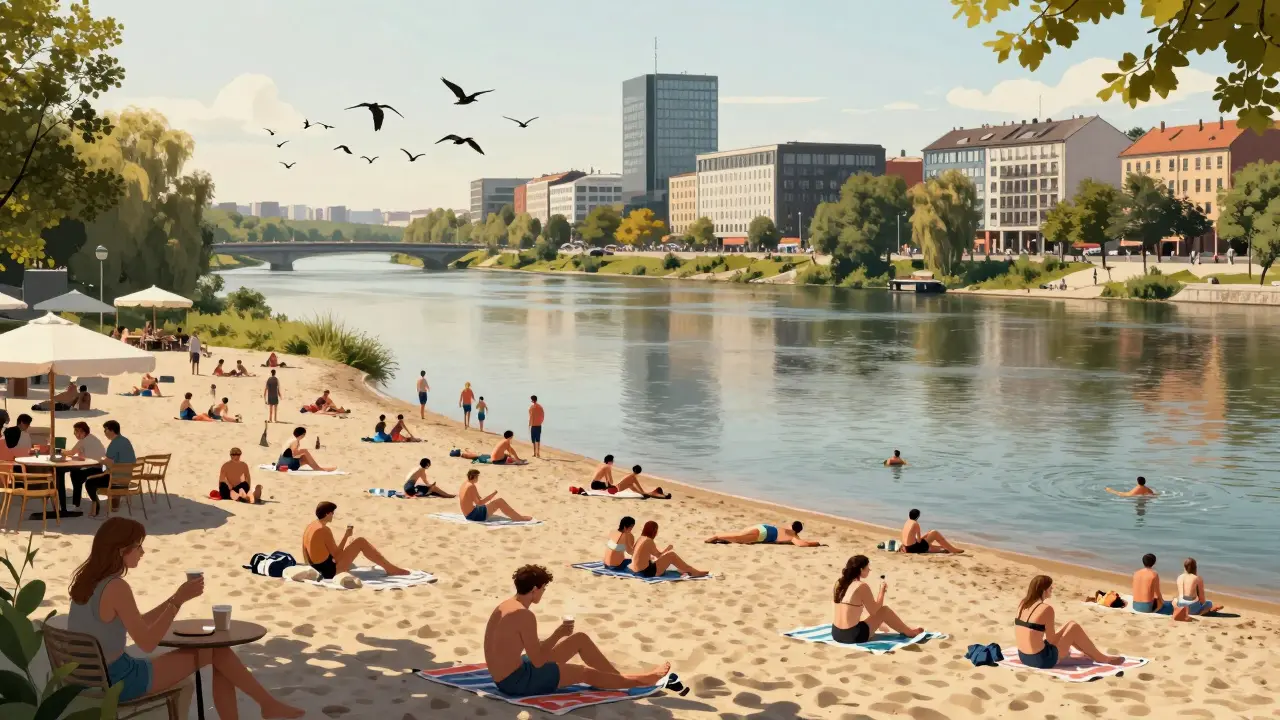 Morava v Brně s mnoha lidmi na pláži a městským výhledem v letním odpoledne.