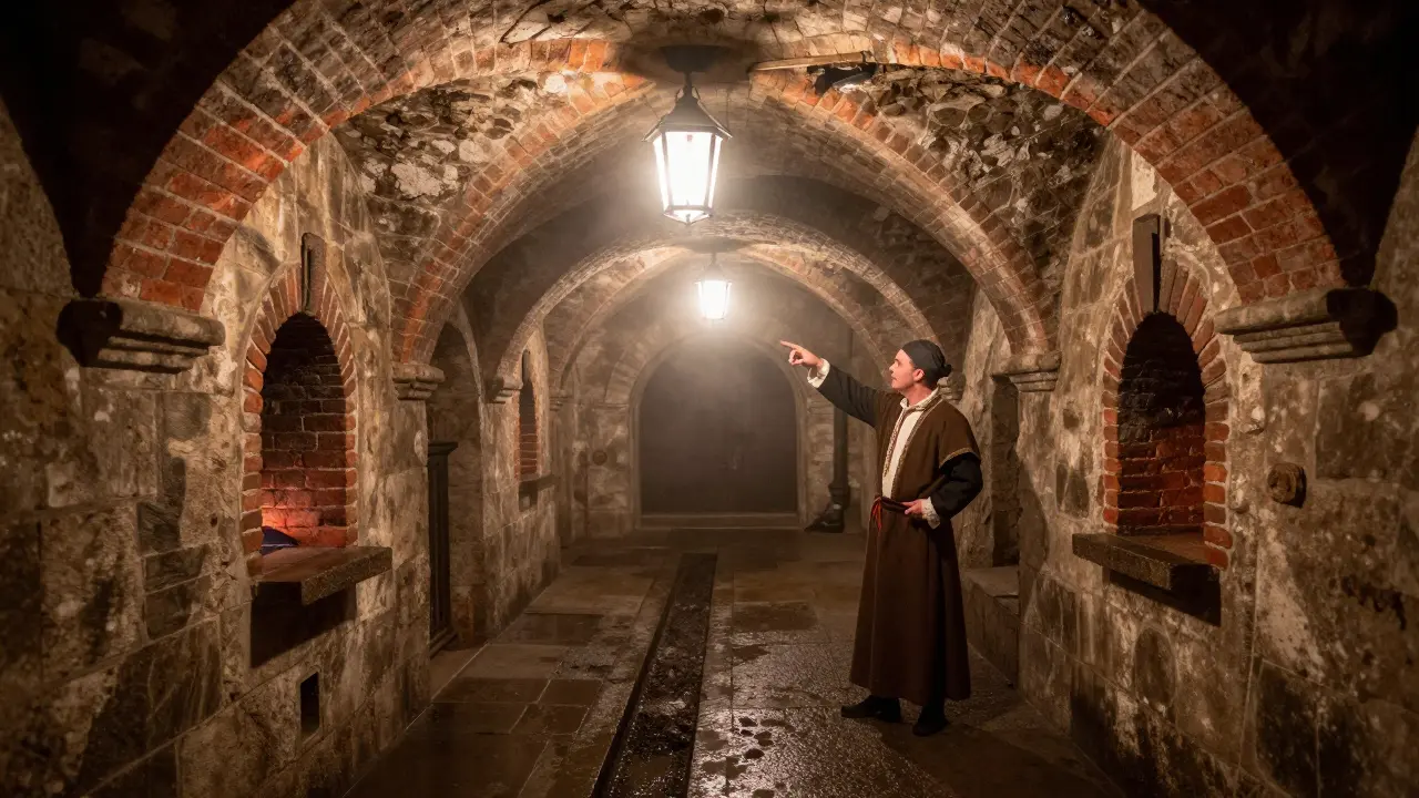 Podzemní chodba pod kostelem sv. Mikuláše v Táboře s kamenitými oblouky a starými kameny.