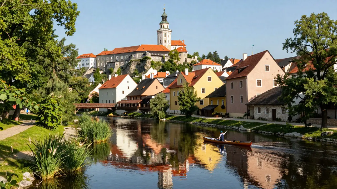 Řeka Vltava odráží hrad Český Krumlov v klidné vodě s kanoistou a ptáky.