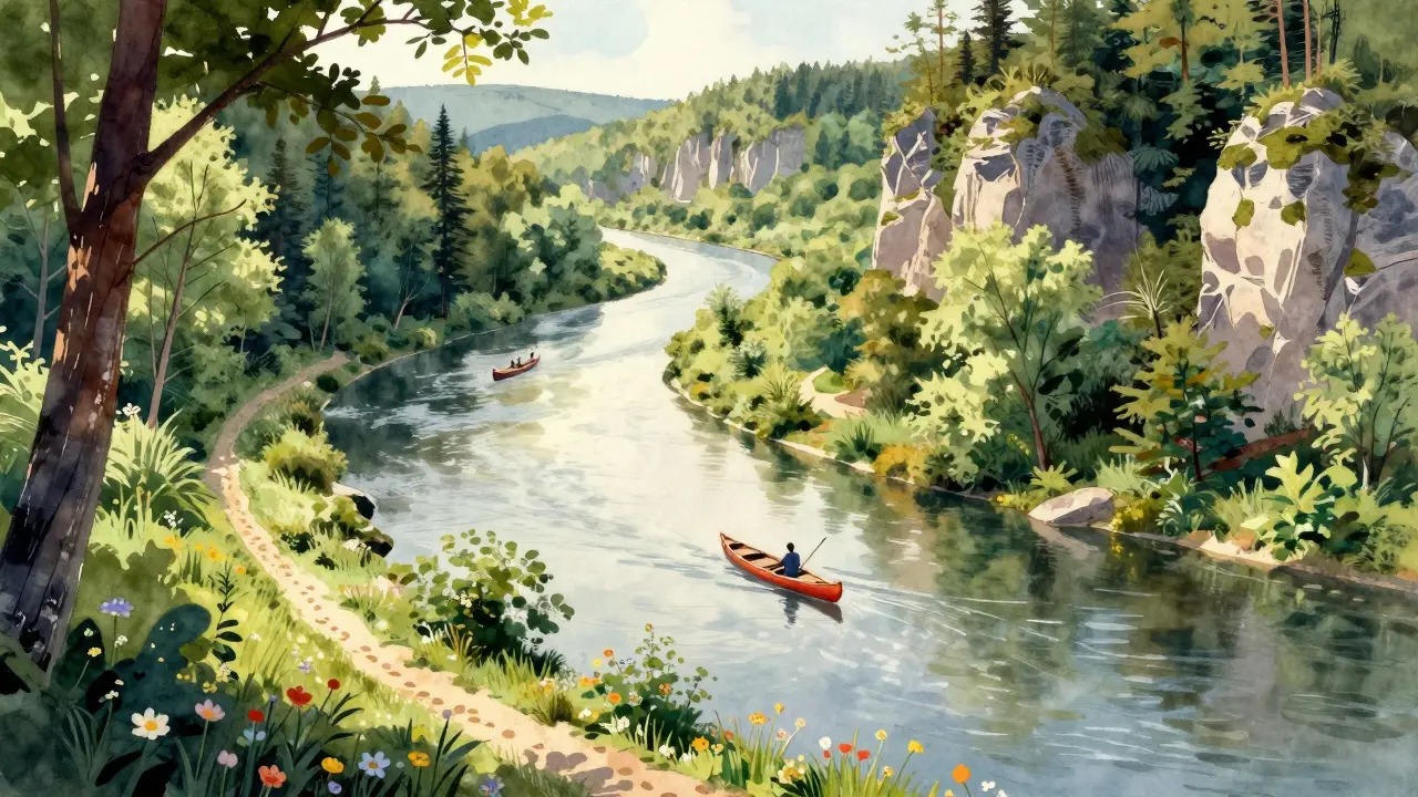 Labe meandruje skrz České ráje, kde se voda odráží v lesích a plaváky plují po proudu.