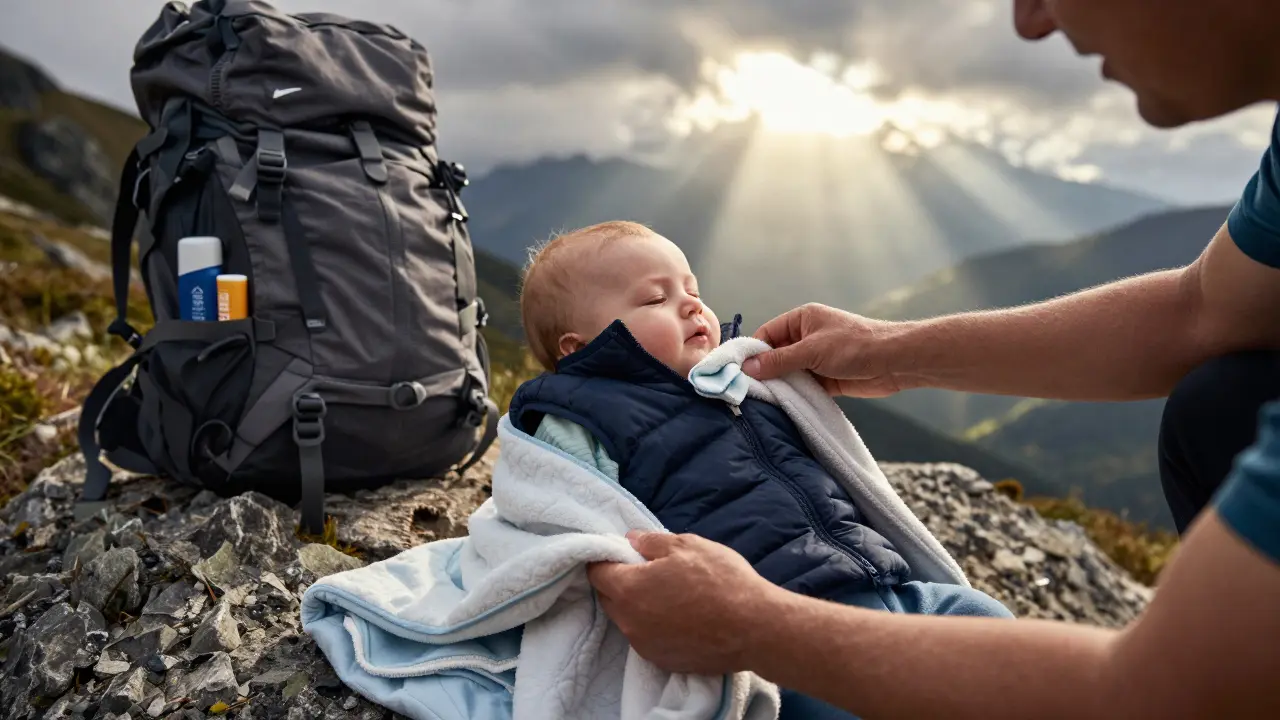 Rodič upravuje oblečení miminka na horách, drží ručník a teplou deku, slunce proráží mrholení.