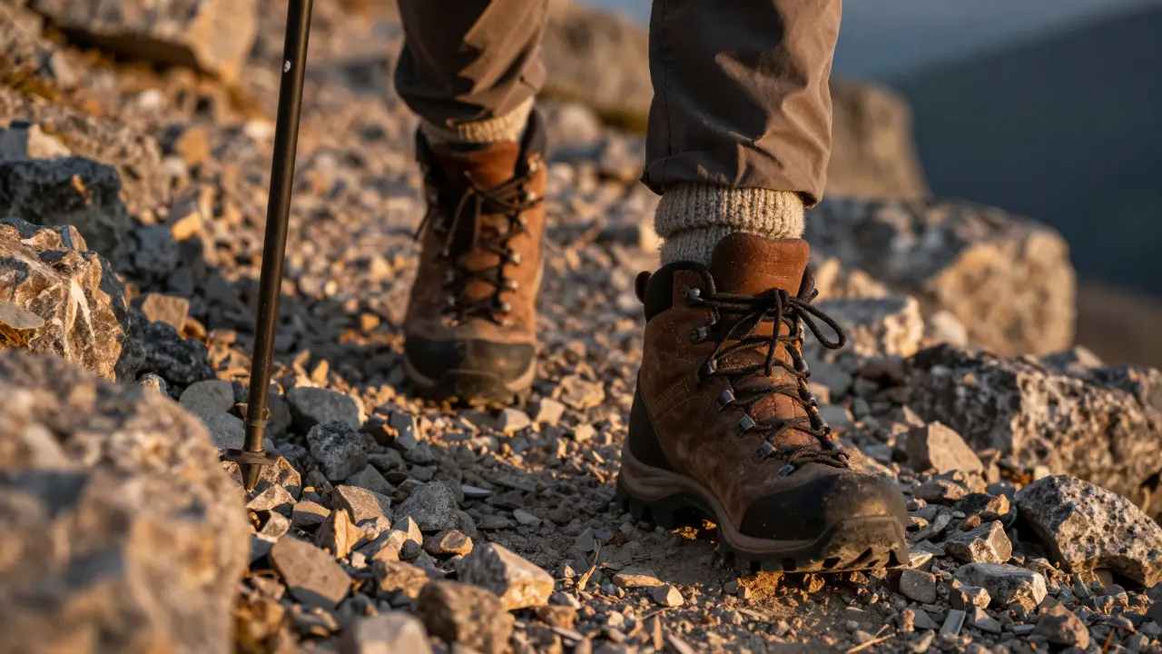 Detail rozchozených turistických bot a trekingových holí na kamenité stezce.