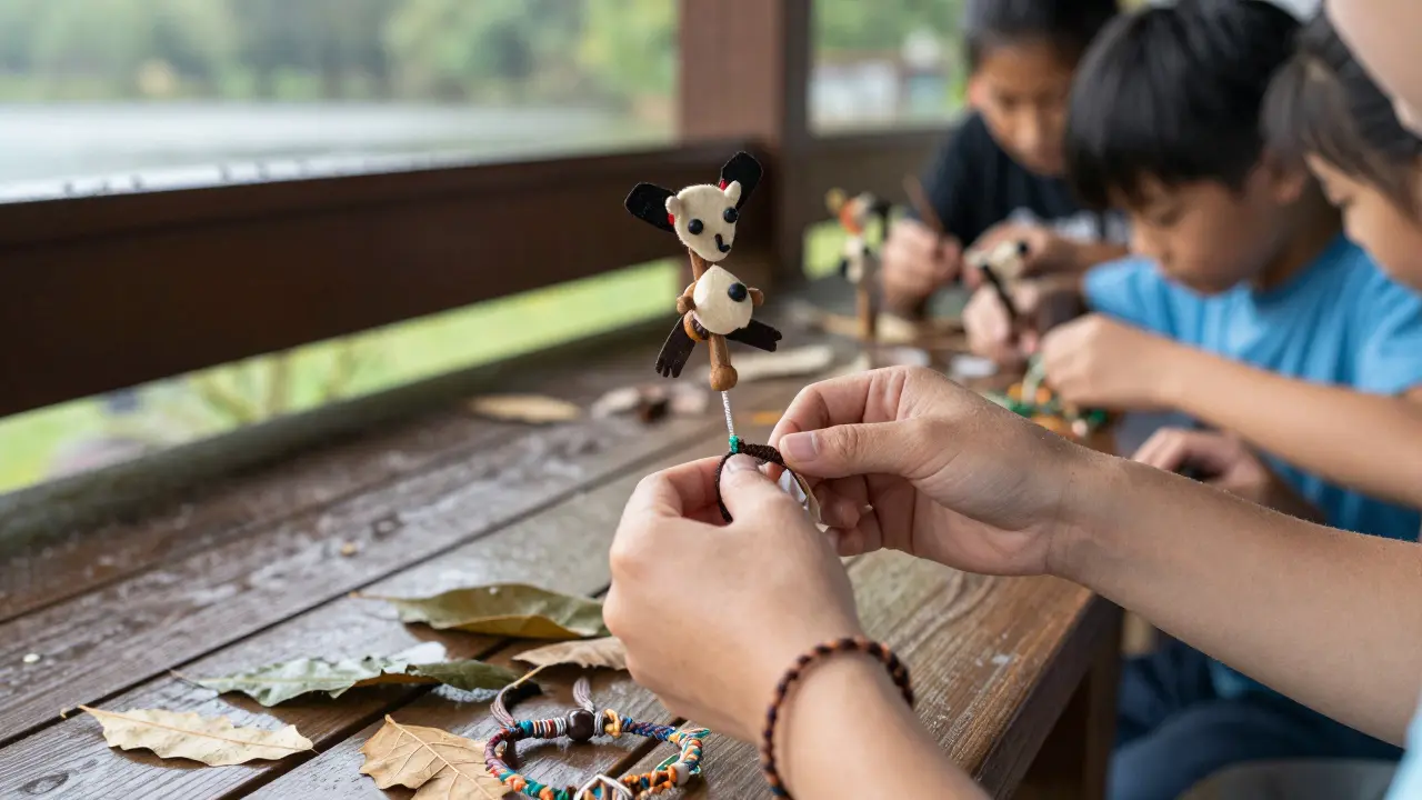 Detail rukou dětí vyrábějících náramky z paracordu a maskoty z přírodních materiálů pod přístřeškem.