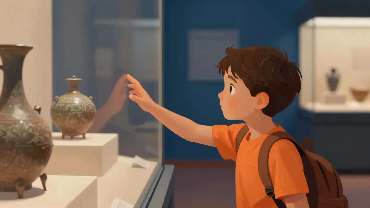 Dítě zkoumající interaktivní expozici v muzeu v Písku.