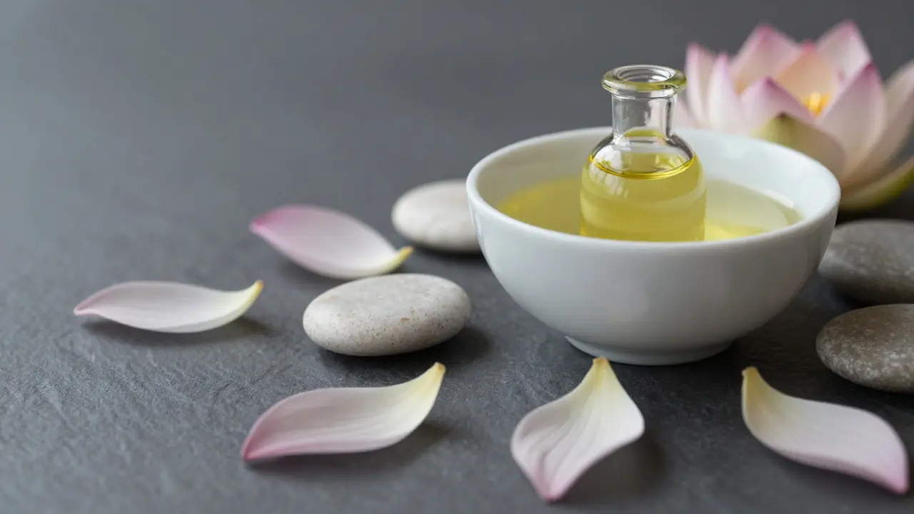 Konzepční snímek s ayurvédickými oleji a kameny pro duchovní klid.