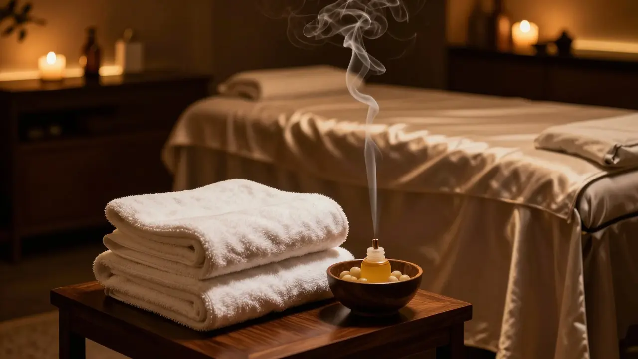 Luxusní, dimly lit prostor pro relaxaci s aromatickými oleji a ručníky.