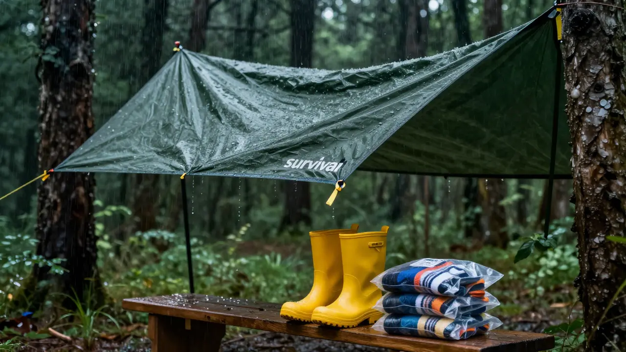 Nepromokající plachta a suché ponožky v plastovém pytli v lese.