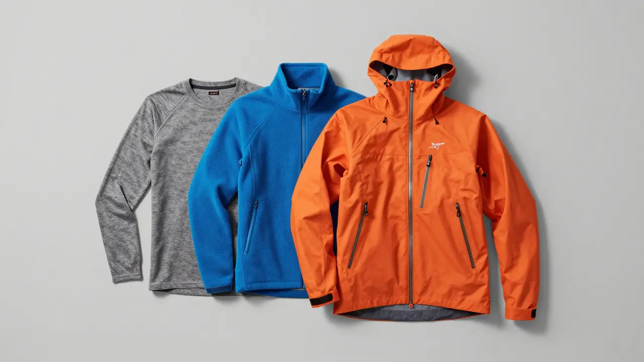 Sada outdoorového oblečení zobrazující systém vrstvení: merino, fleece a hardshell bunda.