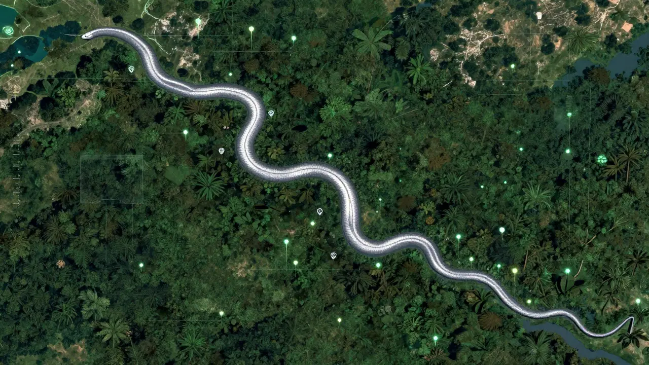 Satelitní pohled na klikatou Amazonku s digitálními měřidly.