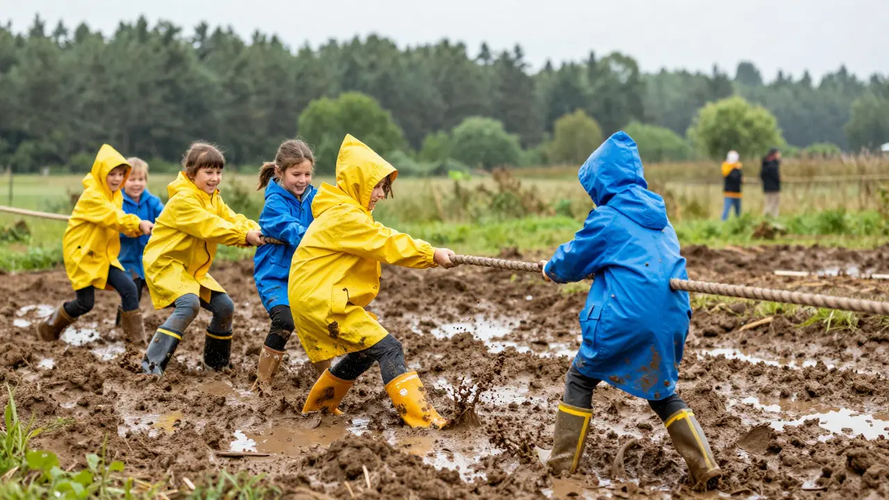 Skupina dětí v pláštěnkách a gumácích závodí v přetahování lana v hlubokém blátě.