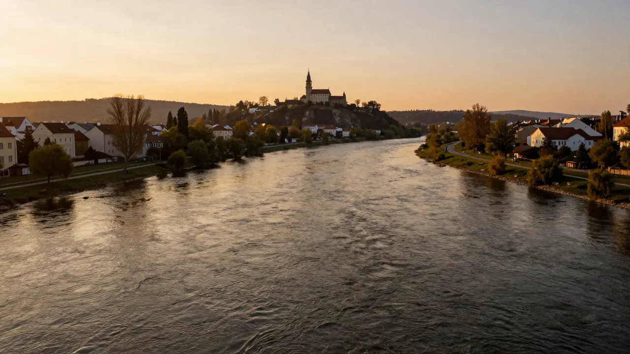 Soutok Vltavy a Labe v Mělníku s pohledem na hrad.