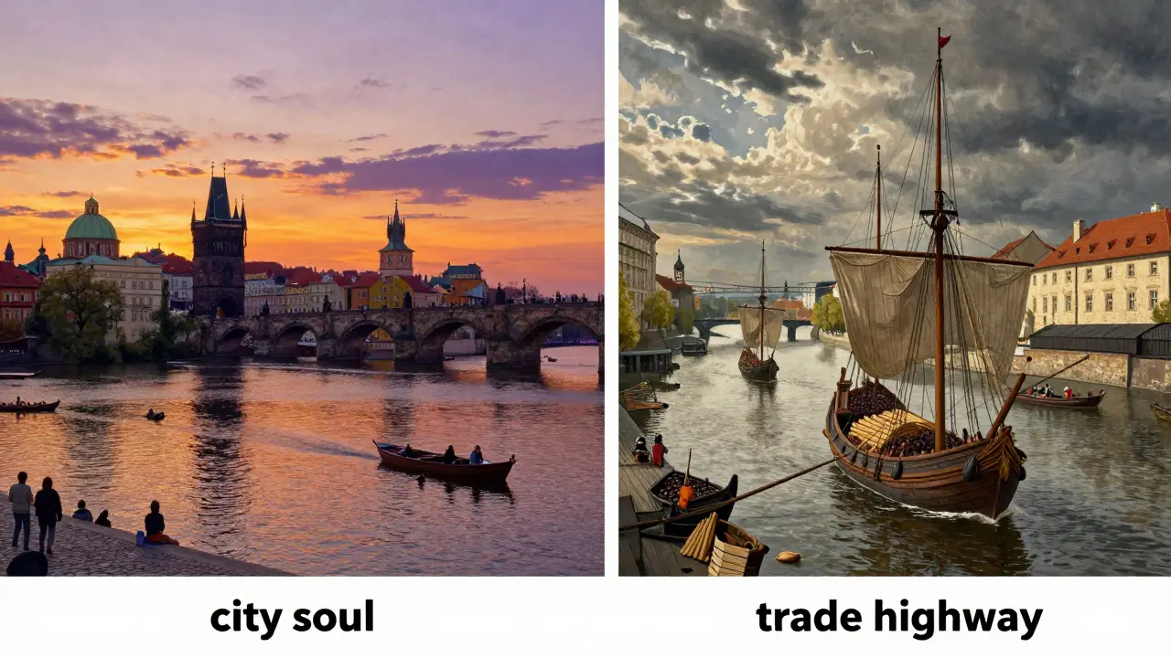 Kontrast romantické Prahy na Vltavě a historického obchodu na Labi