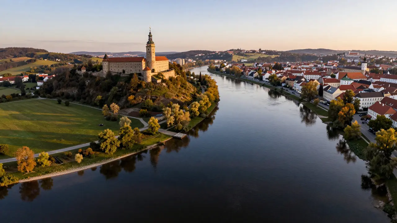 Splytí Vltavy a Labe u Mělníka s hradem na pozadí