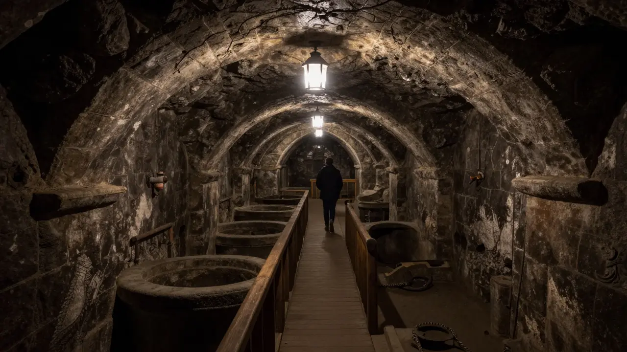 Atmosférický pohled do historických podzemních chodeb a sklepů v centru Jihlavy.