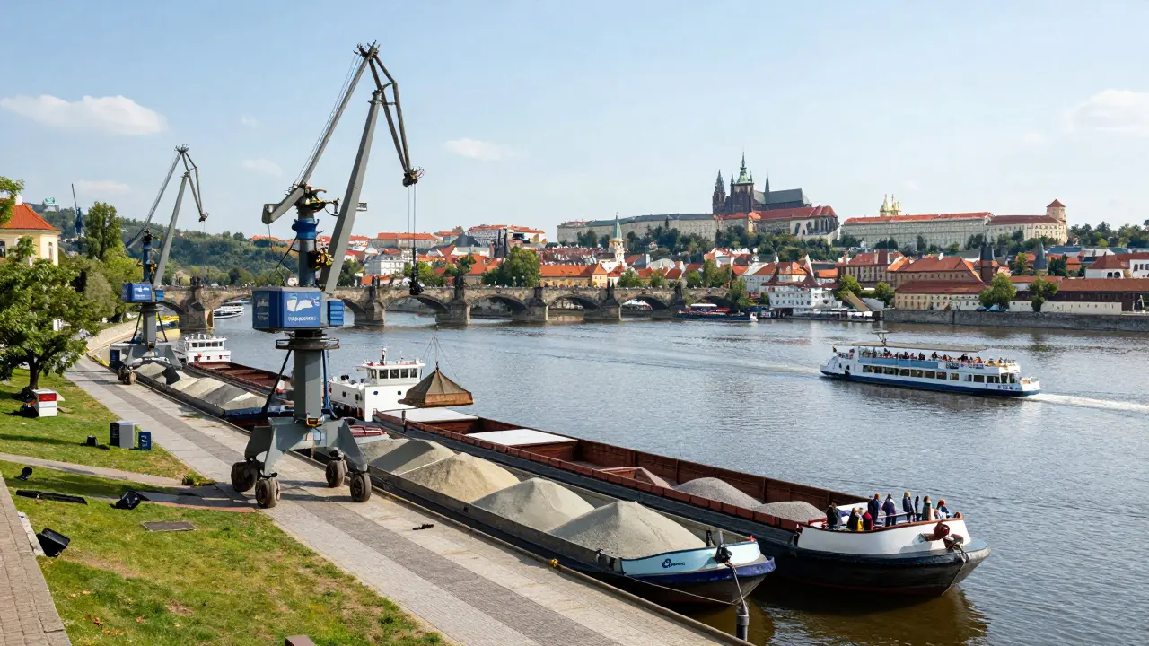 Nákladní lodě a výletní plavidla u překladiště Vršovice v Praze