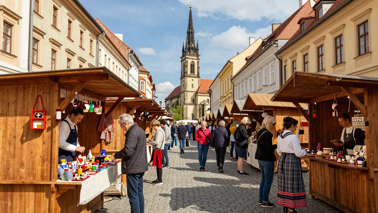 Rušné jarní trhy v Jihlavě s řemeslnými stánky a gotickou architekturou na pozadí.