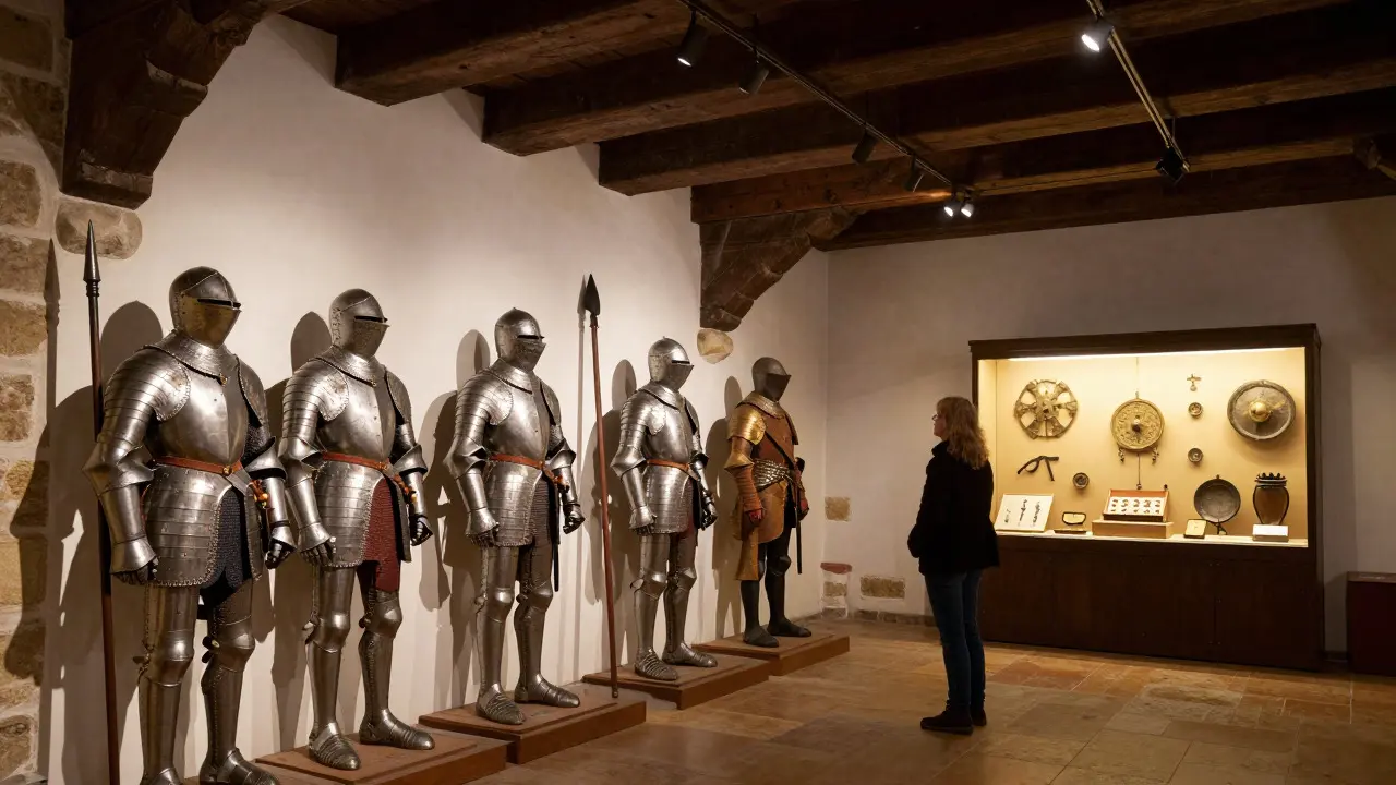 Interiér Husitské expozice s rekonstrukcemi středověkých zbraní