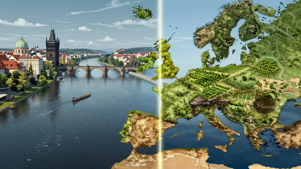 Rozdělení povodí: Vltava do Severního a Morava do Černého moře